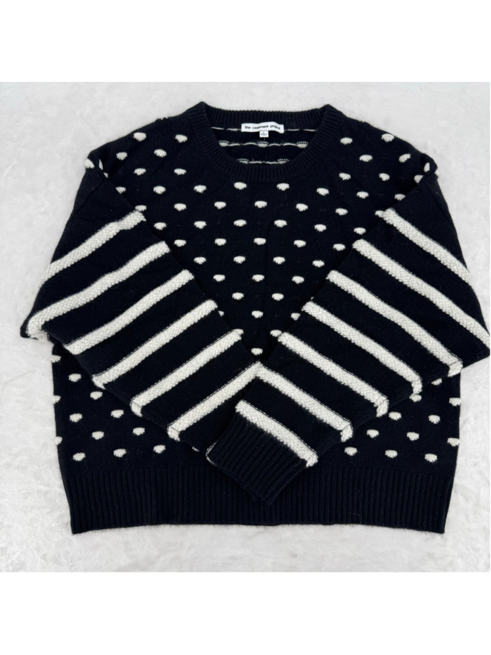 The Cashmere Project Black Cream Sweater Polka Dot Striped Oversized Sz Large